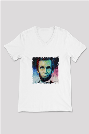 Abraham Lincoln Baskılı V Yaka Unisex Beyaz Tişört
