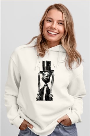Abraham Lincoln Beyaz Unisex Kapüşonlu Sweatshirt