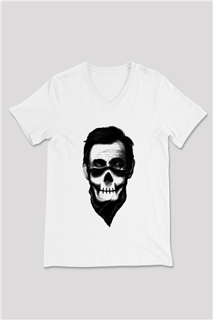 Abraham Lincoln Beyaz Unisex V Yaka Tişört T-Shirt