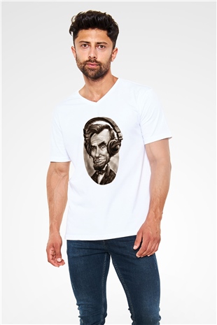 Abraham Lincoln Beyaz Unisex V Yaka Tişört T-Shirt