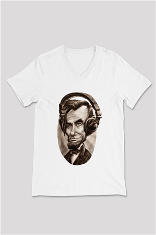 Abraham Lincoln Beyaz Unisex V Yaka Tişört T-Shirt