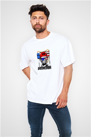 Abraham Lincoln Oversize Baskılı Beyaz Tişört