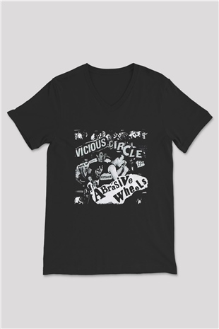 Abrasive Wheels Baskılı Unisex Siyah V Yaka Tişört - Tshirt