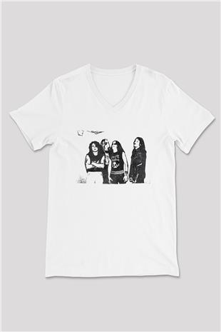 Abruptum Baskılı Beyaz Unisex V Yaka Tişört - Tshirt
