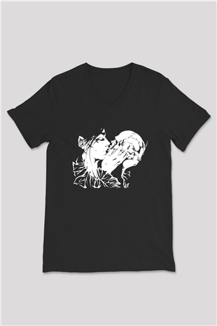 Abruptum Baskılı Unisex Siyah V Yaka Tişört - Tshirt