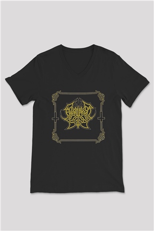 Abruptum Baskılı Unisex Siyah V Yaka Tişört - Tshirt