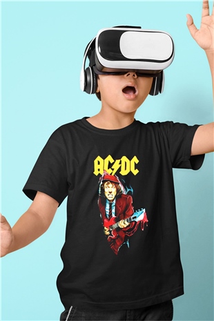 AC DC Angus Young Baskılı Siyah Unisex Çocuk Tişört