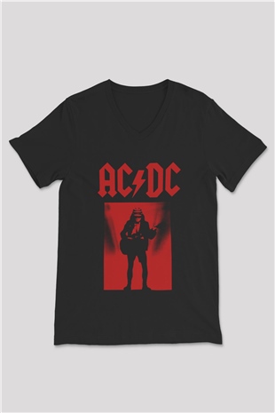 AC DC Angus Young Siyah Unisex V Yaka Tişört T-Shirt