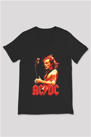 AC DC Angus Young Siyah Unisex V Yaka Tişört T-Shirt