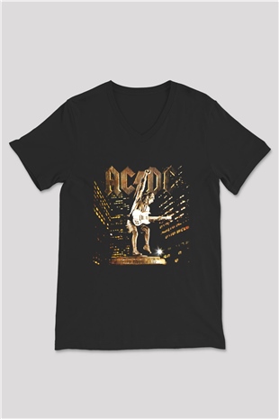 AC DC Angus Young Siyah Unisex V Yaka Tişört T-Shirt