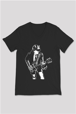 AC DC Angus Young Siyah Unisex V Yaka Tişört T-Shirt