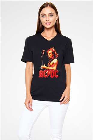 AC DC Angus Young Siyah Unisex V Yaka Tişört T-Shirt