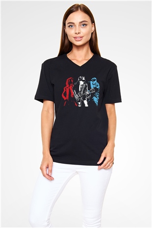 AC DC Angus Young Siyah Unisex V Yaka Tişört T-Shirt