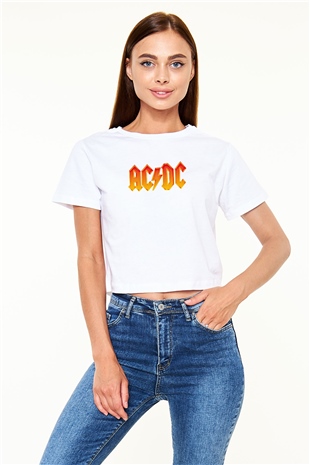 ACDC Baskılı Unisex Beyaz Crop Top Tişört
