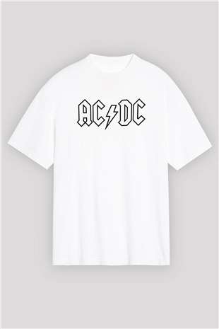 ACDC Baskılı Unisex Beyaz Oversize Tişört