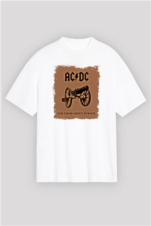 ACDC Baskılı Unisex Beyaz Oversize Tişört