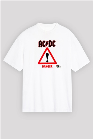 ACDC Baskılı Unisex Beyaz Oversize Tişört