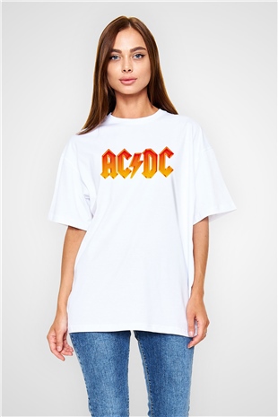 ACDC Baskılı Unisex Beyaz Oversize Tişört