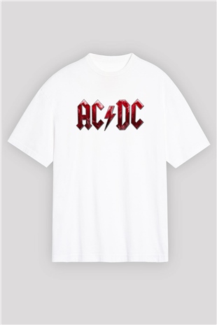 ACDC Baskılı Unisex Beyaz Oversize Tişört