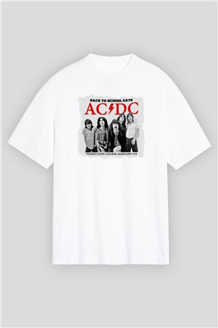 ACDC Baskılı Unisex Beyaz Oversize Tişört