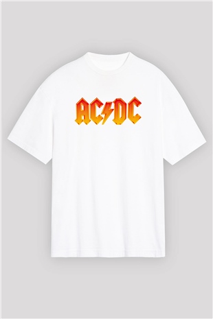 ACDC Baskılı Unisex Beyaz Oversize Tişört