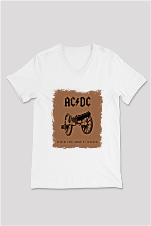 ACDC Baskılı Unisex Beyaz V Yaka Tişört