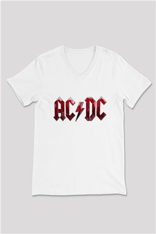 ACDC Baskılı Unisex Beyaz V Yaka Tişört