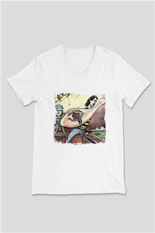 ACDC Baskılı Unisex Beyaz V Yaka Tişört