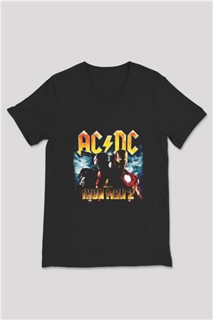 ACDC Baskılı Unisex Siyah V Yaka Tişört