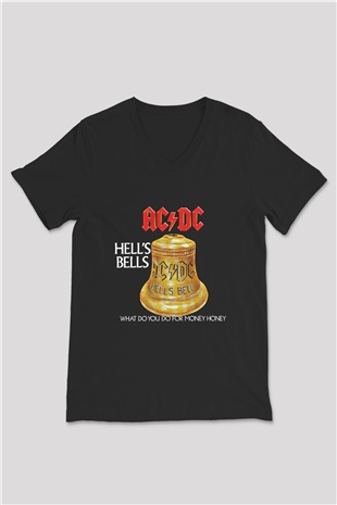ACDC Baskılı Unisex Siyah V Yaka Tişört