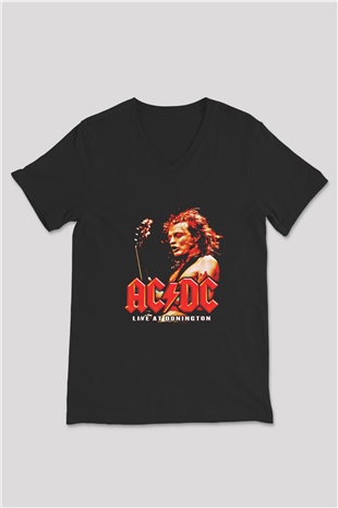 ACDC Baskılı Unisex Siyah V Yaka Tişört