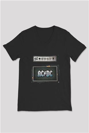 ACDC Baskılı Unisex Siyah V Yaka Tişört