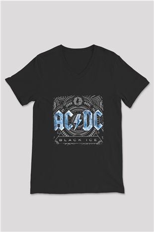 ACDC Baskılı Unisex Siyah V Yaka Tişört