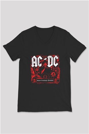 ACDC Baskılı Unisex Siyah V Yaka Tişört