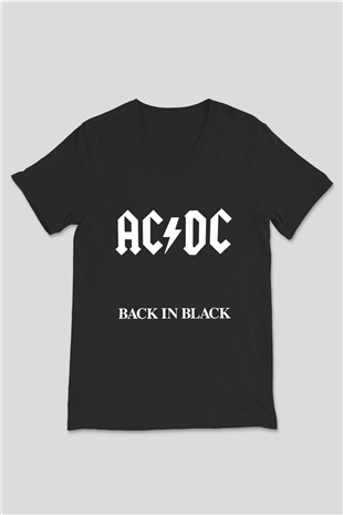 ACDC Baskılı Unisex Siyah V Yaka Tişört