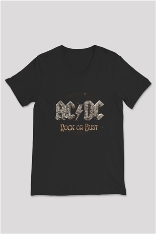 ACDC Baskılı Unisex Siyah V Yaka Tişört