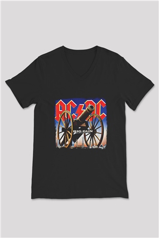 ACDC Baskılı Unisex Siyah V Yaka Tişört