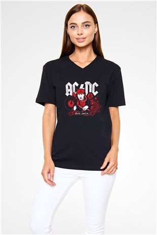 ACDC Baskılı Unisex Siyah V Yaka Tişört