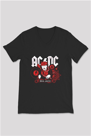 ACDC Baskılı Unisex Siyah V Yaka Tişört