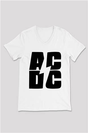 AC DC Beyaz Unisex V Yaka Tişört T-Shirt