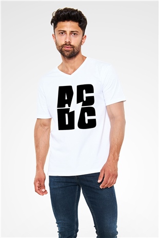 AC DC Beyaz Unisex V Yaka Tişört T-Shirt