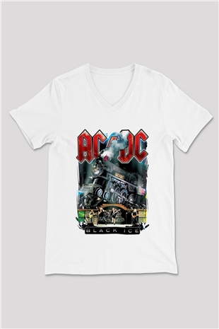 AC DC Black Ice Beyaz Unisex V Yaka Tişört T-Shirt