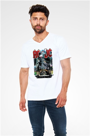 AC DC Black Ice Beyaz Unisex V Yaka Tişört T-Shirt