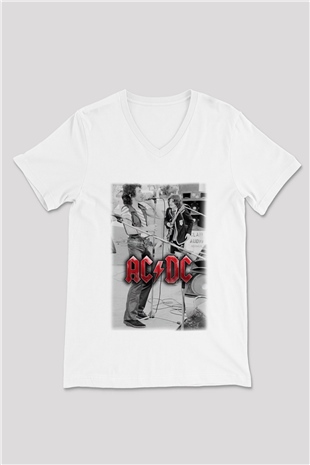 AC DC Brian Johnson Angus Young Beyaz Unisex V Yaka Tişört T-Shirt