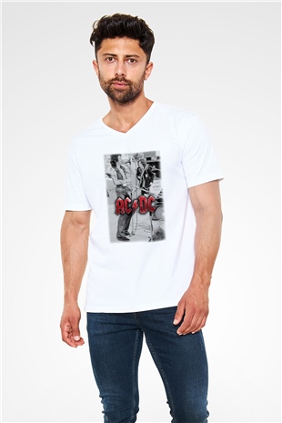AC DC Brian Johnson Angus Young Beyaz Unisex V Yaka Tişört T-Shirt