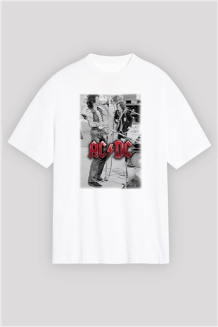 AC DC Brian Johnson Angus Young Beyaz Unisex Oversize Tişört T-Shirt