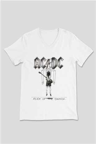 AC DC Flick Of The Switch Beyaz Unisex V Yaka Tişört T-Shirt