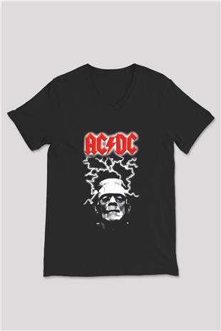 AC DC Frankenstein Thunderbolt Siyah Unisex V Yaka Tişört T-Shirt