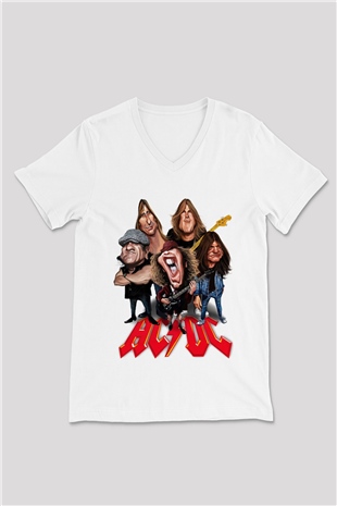 AC DC Group Beyaz Unisex V Yaka Tişört T-Shirt