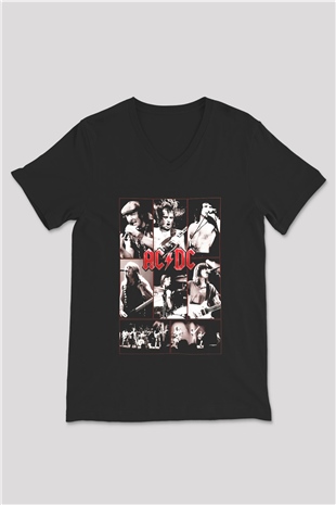 AC DC Group Concert Siyah Unisex V Yaka Tişört T-Shirt